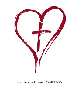 Christian Red Cross And Heart Drawn By Brush. Vector Illustration.