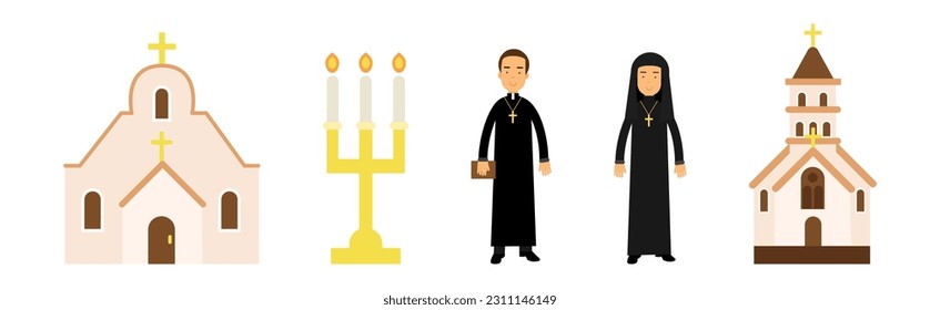 Christian Religion Attributes with Candle, Church and Man and Woman Priest Vector Set