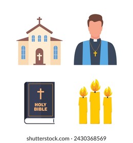 Christian Religion Attributes with Candle, Church, Priest, Bible. Vector Set of illustration