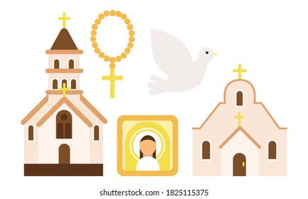 Christian Religion Attributes with Church and Beads for Counting Prayers Vector Set