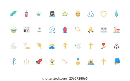 Christian religion and community, holy Bible book study and cross, church chapel and cathedral color icon set. Faith and god, missionary, religious prayer and calendar flat element vector illustration