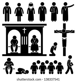 Christian Religion Culture Tradition Church Prayer Priest Pastor Nun Stick Figure Pictogram Icon