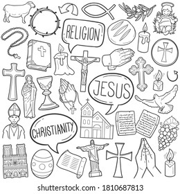 Christian Religion doodle icon set. Christianity Vector illustration collection. Cross and symbols Hand drawn Line art style.