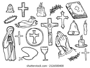 Christian Religion doodle icon set. Christianity Vector illustration collection. Cross and symbols Hand drawn Line art style. Easter concept