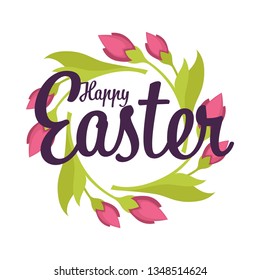 Christian religion Easter holiday isolated icon tulip flowers vector spring bouquet or wreath leaves plant blossom congratulation or greeting emblem or logo lettering and sign event celebration