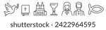 Christian religion editable thin line icons Set - Vector illustration on white background. Bible,  dove, chalice, church, pastor and more. Usable for print and web