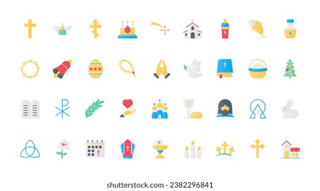 Christian religion flat icons set vector illustration. First communion and worship symbols, Christmas and Easter religious celebration, catholic and baptism church and holy Bible.