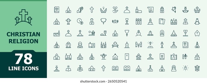 Conjunto de ícones de religião cristã. Contém símbolos como religião, páscoa, cristão, oração, cristo, espírito e muito mais. Reze o conjunto de ícones. Pacote de ícones minimalistas. Traçado editável. Pixel perfeito.