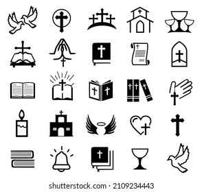 Christian religion icons illustration, Catholic symbol icon set, contain such icon as bible, church, candle, bell, pray isolated on white background. file vector. eps 10