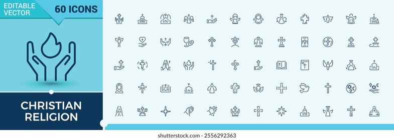 Christian Religion icons in linear style. Includes icons for design, catholic, religion, love, religious, icon and more. Minimalistic web and UI icons. Vector illustration.