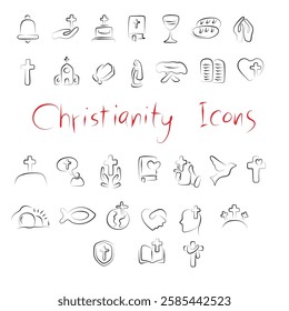 Christian religion line icon set illustration vector hand drawn with black lines isolated on white background
