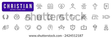 Christian religion line icon set. Cross, bible, christmas, easter, dove etc. Editable stroke