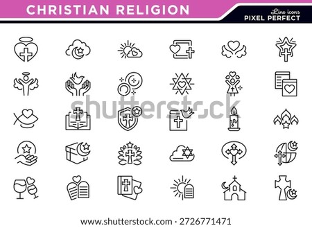 Christian Religion line icon set. Crosses, doves, spirit, prayer, catholicism, religion, Christianity, easter, faith, church icons design. Vector illustration