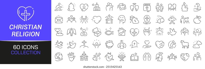 Christian religion line icons collection. Thin outline icons pack. UI icon collection. Set of line web pictogram