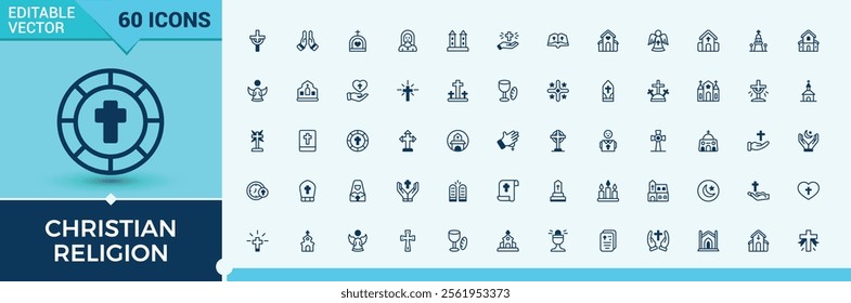 Christian Religion line icons set. Contains such icons as easter, catholicism, shape, spiritual, prayer, christianity, silhouette, religious. Pixel perfect. Editable stroke.