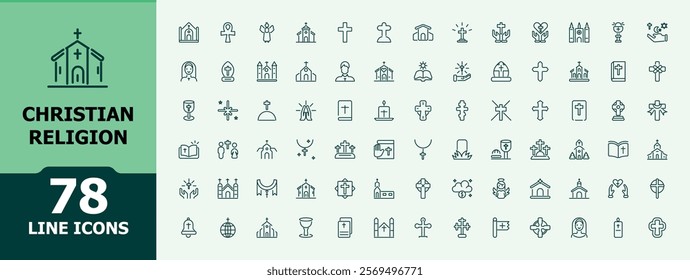 Christian Religion line icons set. Featuring jesus, signs, spirituality, ritual, christianity, catholic, christian and more. Simple and minimalist icon designs. Editable stroke.