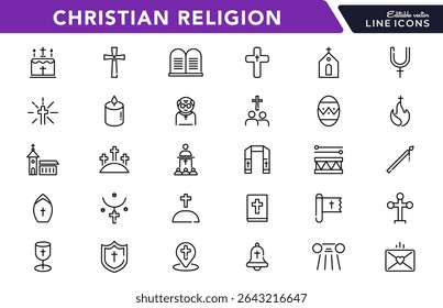 Christian religion linear icon set. Jesus, catholic, cross, spirituality, Christianity, church, bible, priest, Christmas, easter, prayer, baptism, outline vector icon set. UI thin line icon pack.