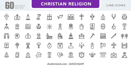 Christian religion linear icon set. Jesus, catholic, cross, spirituality, Christianity, church, bible, priest, Christmas, easter, prayer, baptism, outline vector icon set. UI thin line icon pack.