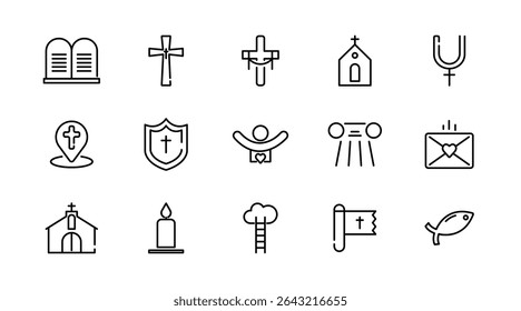 Christian religion linear icon set. Jesus, catholic, cross, spirituality, Christianity, church, bible, priest, Christmas, easter, prayer, baptism, outline vector icon set. UI thin line icon pack.
