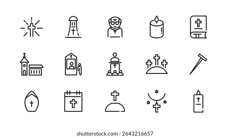 Conjunto de ícones lineares da religião cristã. Jesus, católico, cruz, espiritualidade, cristianismo, igreja, bíblia, sacerdote, Natal, páscoa, oração, batismo, esboço de ícone vetorial. Pacote de ícones de linha fina da interface do usuário.