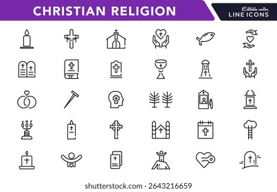Christian religion linear icon set. Jesus, catholic, cross, spirituality, Christianity, church, bible, priest, Christmas, easter, prayer, baptism, outline vector icon set. UI thin line icon pack.