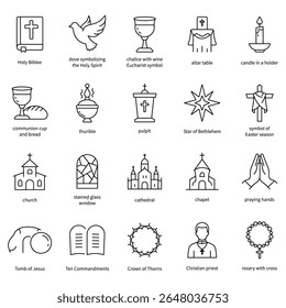 Conjunto de ícones lineares da religião cristã. Jesus, católico, cruz, espiritualidade, cristianismo, igreja, bíblia, sacerdote, Natal, páscoa, oração, batismo, esboço de ícone vetorial. Pacote de ícones de linha fina da interface do usuário.