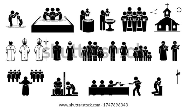 Christian religion practices and activities in\
church stick figures icons. Vector artwork of pope, priest, pastor,\
nun, and Christians followers. Cliparts of baptism, holy mass,\
confession and\
prayer.