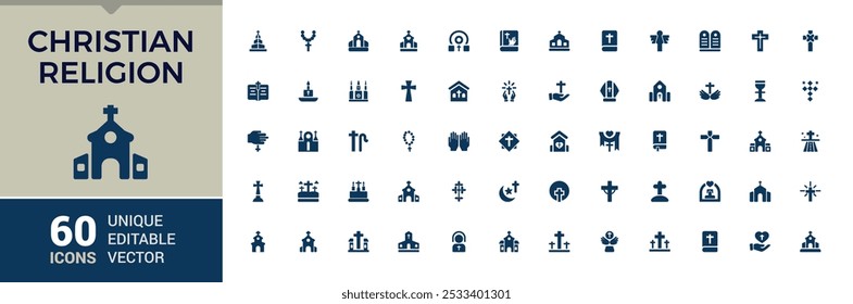 Religião cristã ícones sólidos conjunto. Relacionado à oração, rosário, fé, Deus, Jesus e muito mais. Símbolo mínimo e moderno. Coleção de ícones de vetor preenchida.