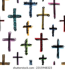 Christian religion symbol cross sign. Seamless pattern repeating texture background. Vector illustration design.