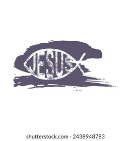 Christian religion symbol fish on grunge brush stroke with Jesus name inside.