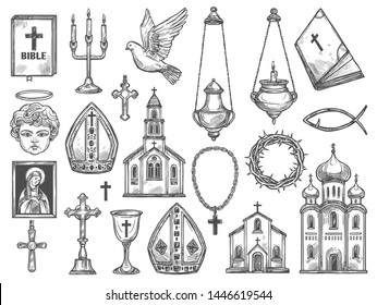 Christian religion symbols and church supplies sketches. Vector catholic temples, bible and God icon, Jesus Christ crucifix and cross, orthodox monastery, angel with halo and candle, dove, thorn crown