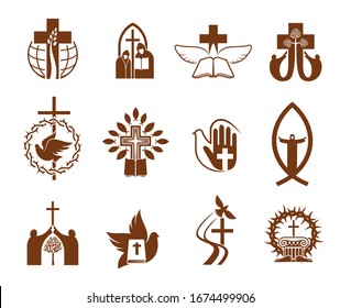 Christian religion vector icons with crosses, Jesus and bibles, doves, priest and prayers, angel, praying hand and crucifix, fish, crown of thorns and trees. Catholicism, orthodox christianity themes