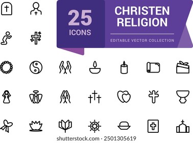 Christian religion vector line icon set. Jesus Christ outline style. Related to religion symbol, Easter, Christening, Holy Spirit, Religious. Simple editable vector stroke illustration.