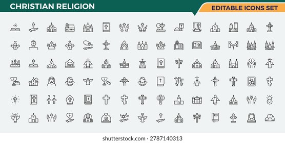 Christian Religion vector line icon set. Pack of catholicism, prayer, religion, christianity, spirit, bible. Easter vector icon set. Icons for UI designs. Signs for web and mobile app.
