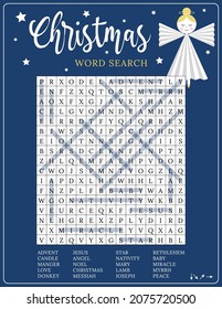 Christian religious Christmas word search puzzle. Printable activity worksheet.  Educational crossword game for children and adults. Party card. Page for learning English. Cute angel vector eps10