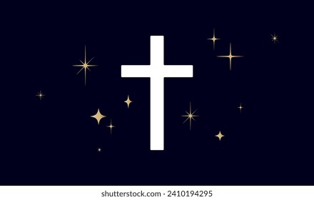 Christian religious cross. Symbol religion cross on dark background, shiny golden stars. White prayer cross sign, religious symbol, golden stars, black background christian faith. Vector Illustration