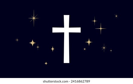 christliches religiöses Kreuz. Symbolreligion kreuz auf dunklem Hintergrund, glänzende goldene Sterne. Weißes Gebetskreuz, religiöses Symbol, goldene Sterne, schwarzer Hintergrund, christlicher Glaube. Vektorgrafik