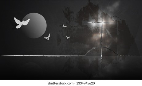 Christian religious design for the celebration of the Savior's Easter cross with the sunrise scene. vector