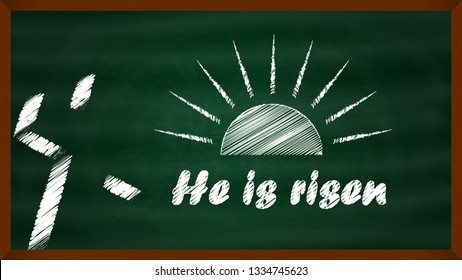 Christian religious design for the celebration of the Savior's Easter cross with the sunrise scene with the message that He rose. Is drawing chalk on the blackboard. vector