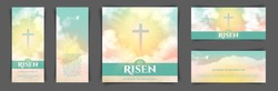 Christian Religious Design For Easter Celebration. A Set Of Vector Banners. Text: He Is Risen, Shining Cross And Heaven With White Clouds.