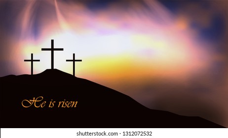 Christian religious design for Easter celebration, text He is risen. Vector illustration.