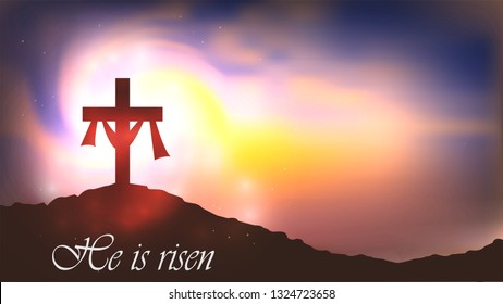 Christian religious design for Easter celebration, text He is risen. Vector illustration.