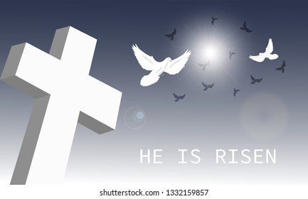 Christian religious design for Easter celebration, Saviour's cross with sunrise scene, with text He is risen. Vector