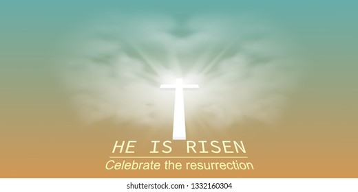 Christian religious design for Easter celebration, Saviour's cross with sunrise scene, with text He is risen. Vector
