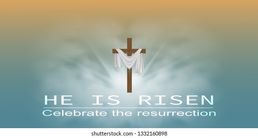 Christian religious design for Easter celebration, Saviour's cross with sunrise scene, with text He is risen. Vector