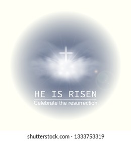 Christian religious design for Easter celebration, Saviour's cross with sunrise scene, with text He is risen. Vector