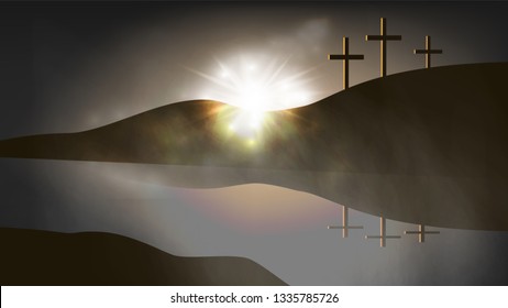 Christian religious design for Easter celebration. Resurrection of Jesus Christ. The dawn of the new morning and the cross is empty. Vector illustration