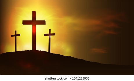 Christian religious design for Easter celebration. Resurrection of Jesus Christ. The dawn of the new morning and the cross is empty. Vector illustration