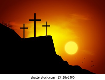 Christian religious design for Easter celebration. Resurrection of Jesus Christ. The dawn of the new morning and the cross is empty. Vector illustration