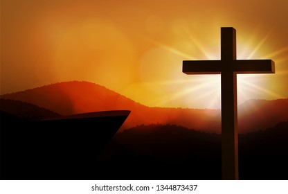 Christian religious design for Easter celebration. Resurrection of Jesus Christ. The dawn of the new morning and the cross is empty. Vector illustration